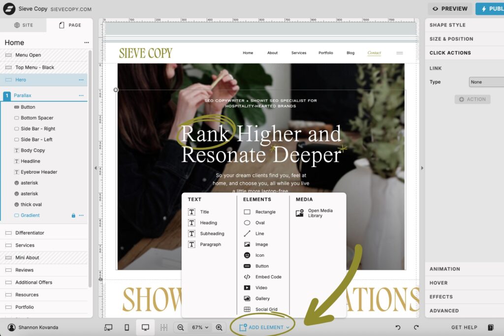 screenshot of "add element" button in the back-end of Showit