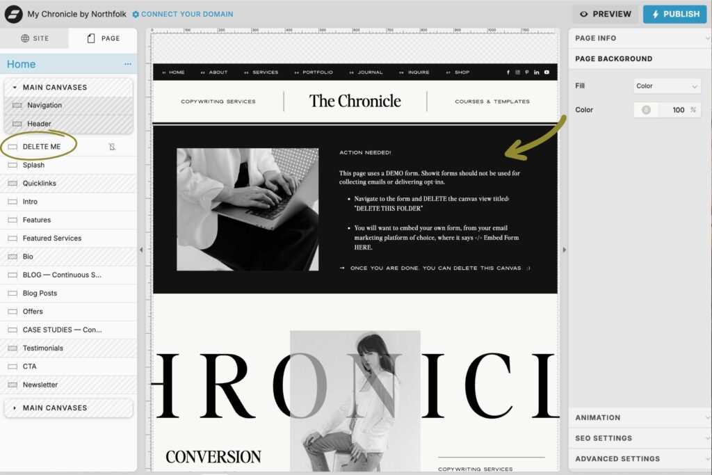 example of a back-end hidden canvas from a Northfolk template